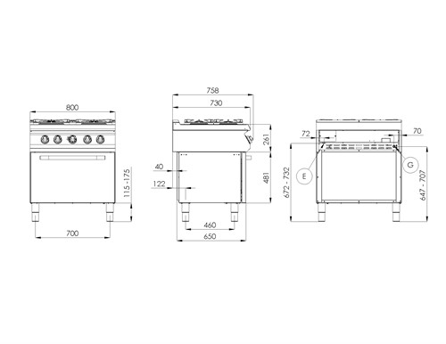 Mått Gasspis med ugn SPST-780-11-GE